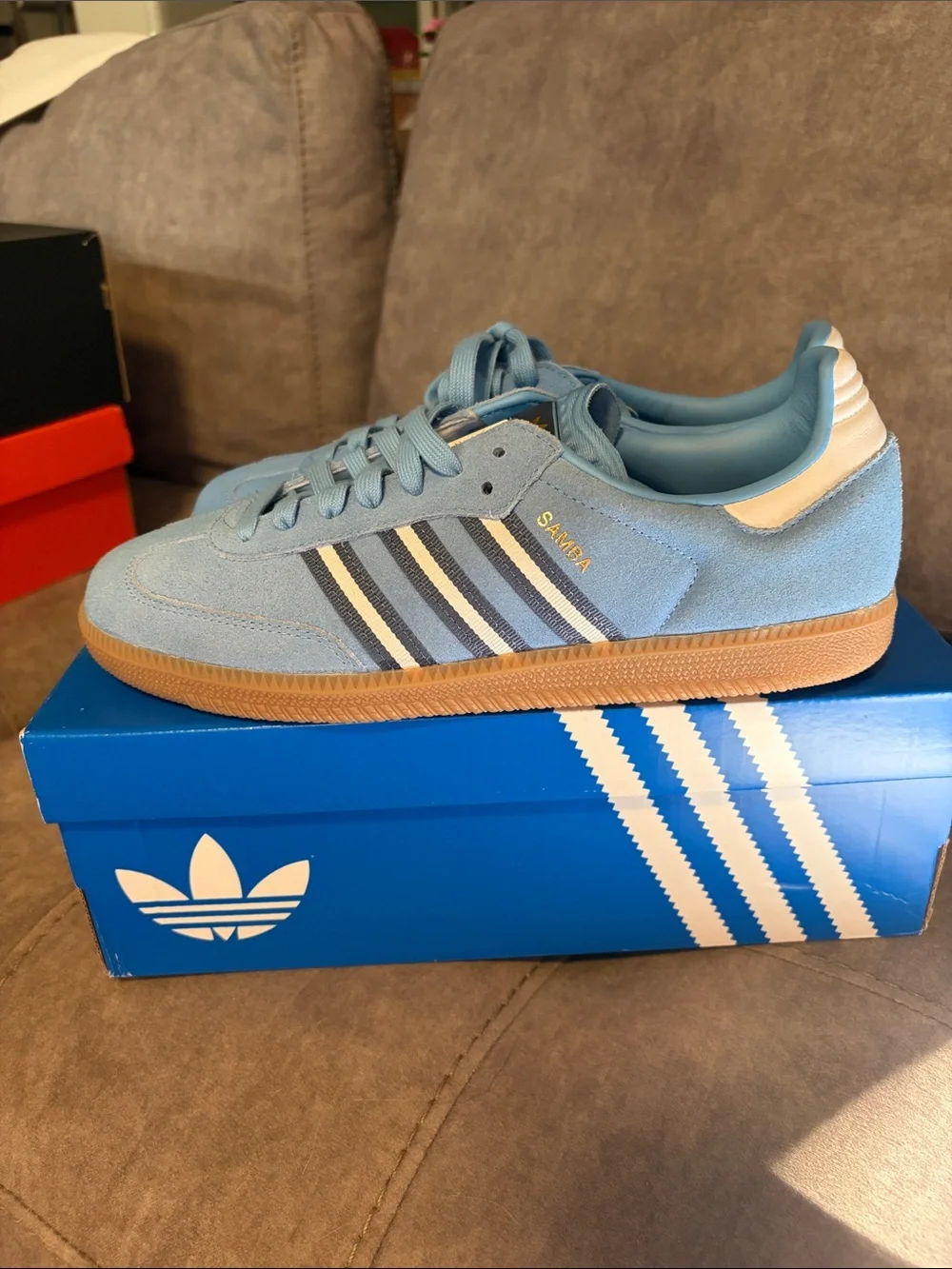 adidas Samba Suede Sneakers - Light Blue with Gum Sole